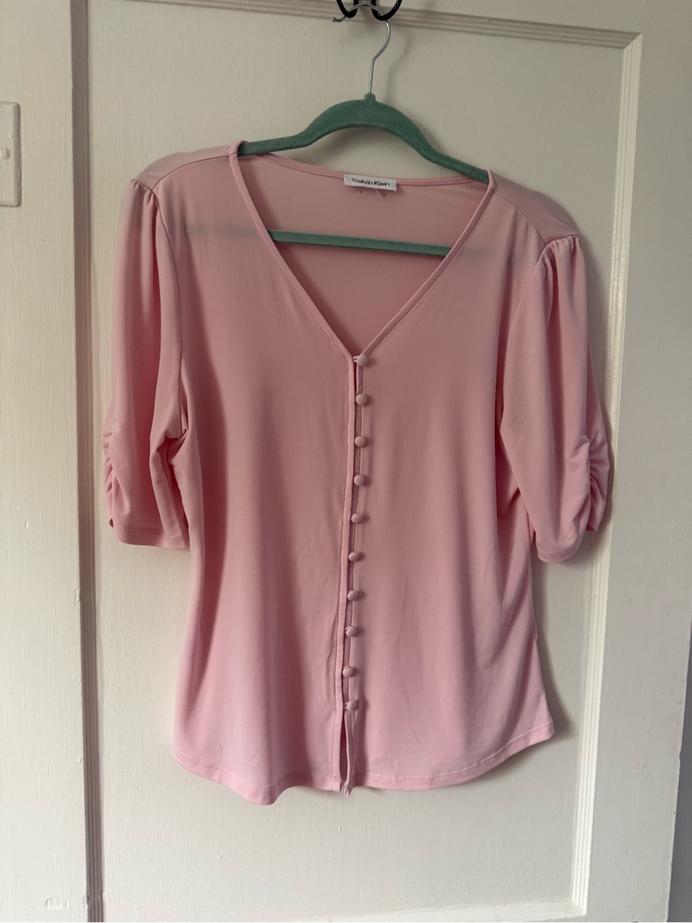 Calvin Klein Soft Pink V-Neck Button-Front Blouse